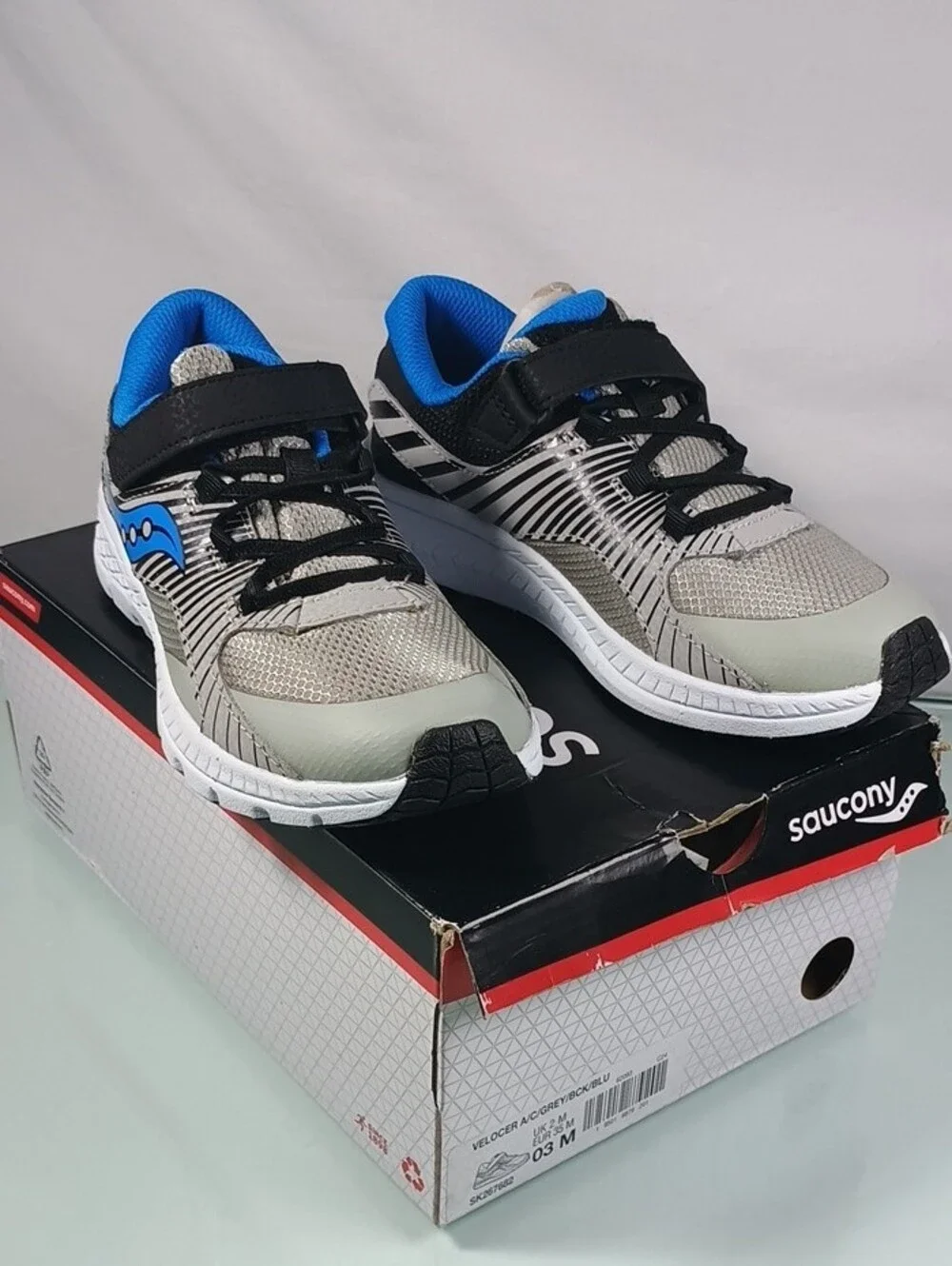 Saucony Gray and Blue Kids Athletic Sneakers with Hook-and-Loop Strap